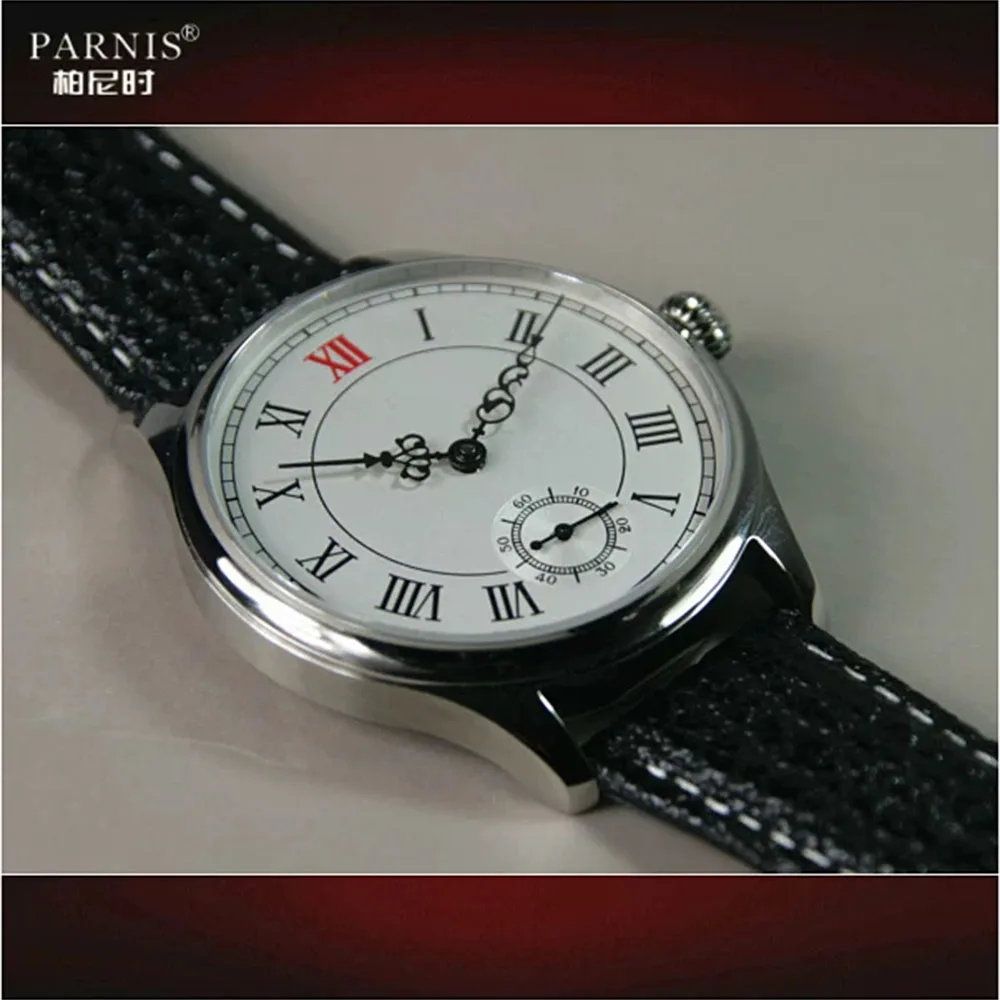 Men's 44MM Parnis Manual Mechanical Watch, Roman Retro Red Twelve, ST3621 Movement, Jones Sword, Men's Business