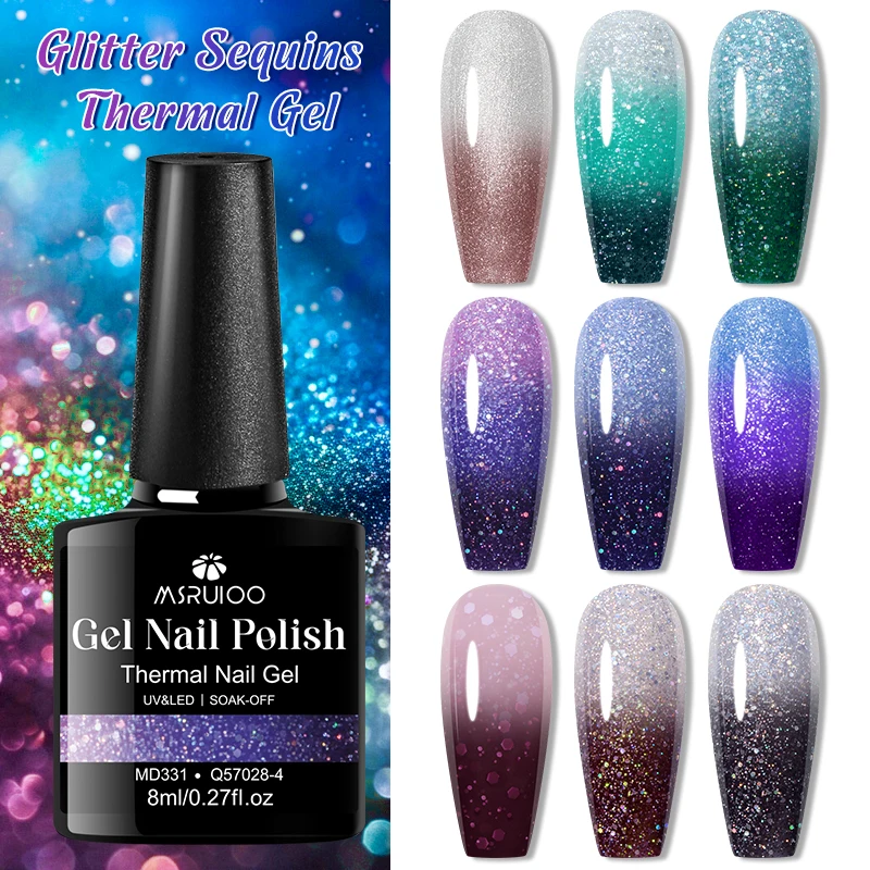 MSRUIOO 8ml Glitter Sequins Thermal Gel Nail Polish Color Changing DIY Nail Art Soak Off UV/LED Gel for MAnicure DIY Design