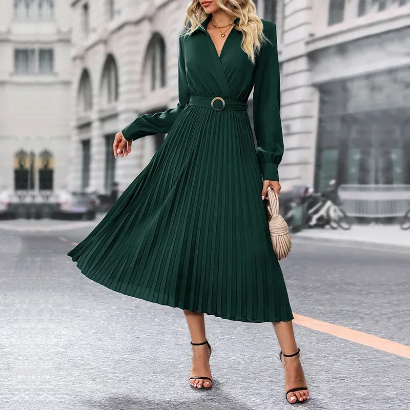 

Solid Pleated Dress V Neck Long Sleeve Pullover Women Vestidos Knee Length Dresses Sashes Loose Elegant Office Lady Folds