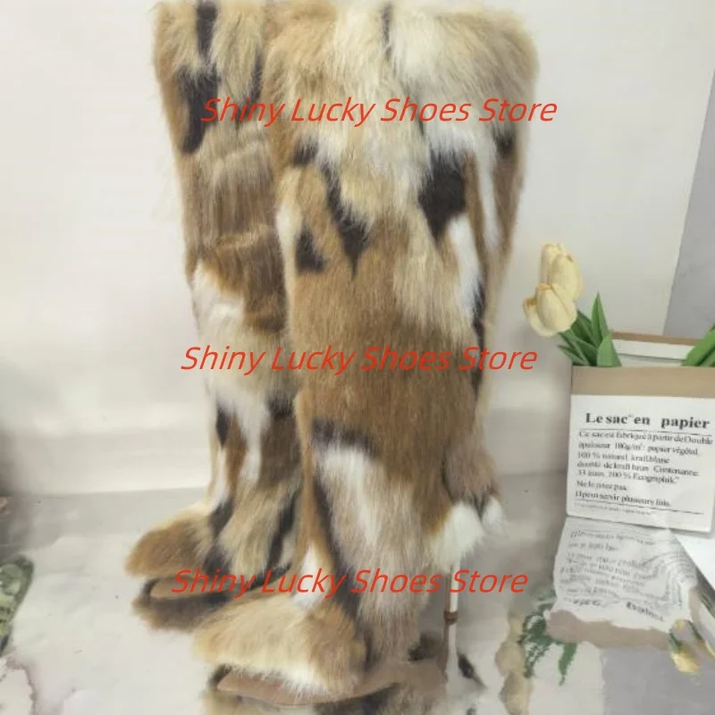 

Mink Fur Shoes for Womens Pointed Toes Thin High Heels Ladies Sewing Lines Long Calf Boots Tacones Mixed Colors Chassure Femme