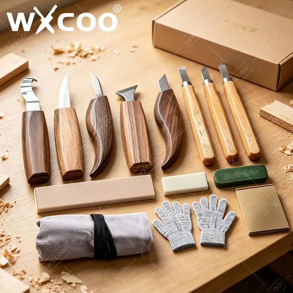 Professional Hand Chisel Tools Wood Carving Knife with Sharpening Kit Gloves Timber Sculpting Tools for Beginners and Craftsmen