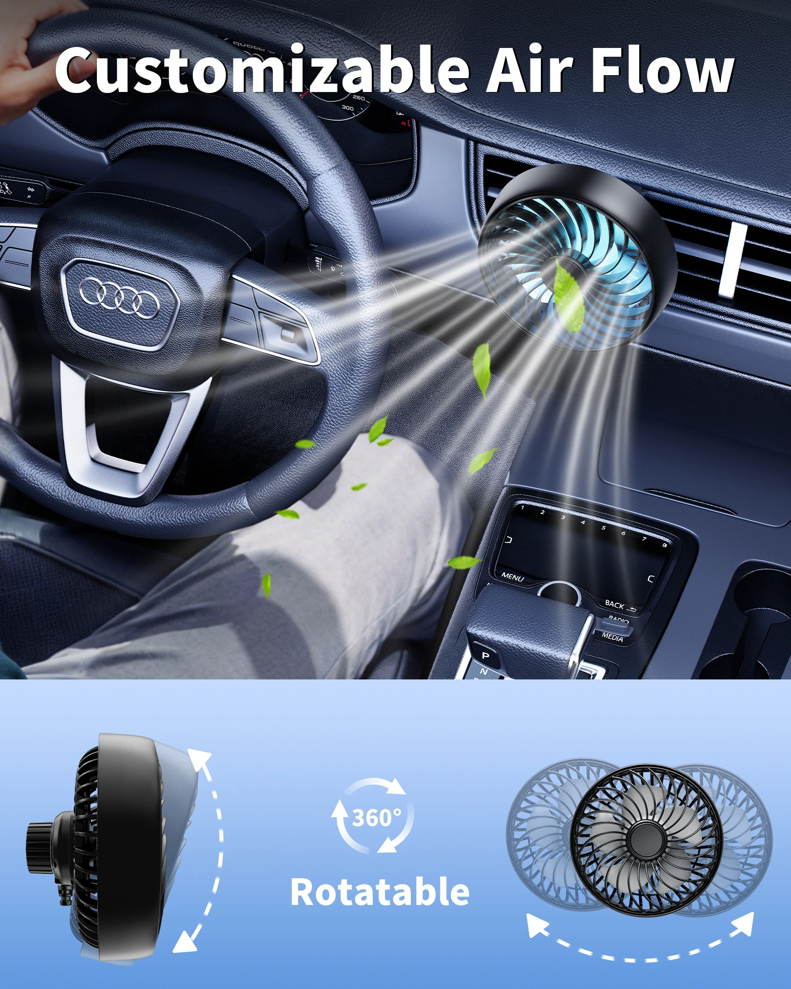 

Eary Car Air Vent Fan with Colorful Breathing Light USB Powered 3 Speed Wind Cooling Fan 360° Rotatable Quiet Fan Car AC Fans