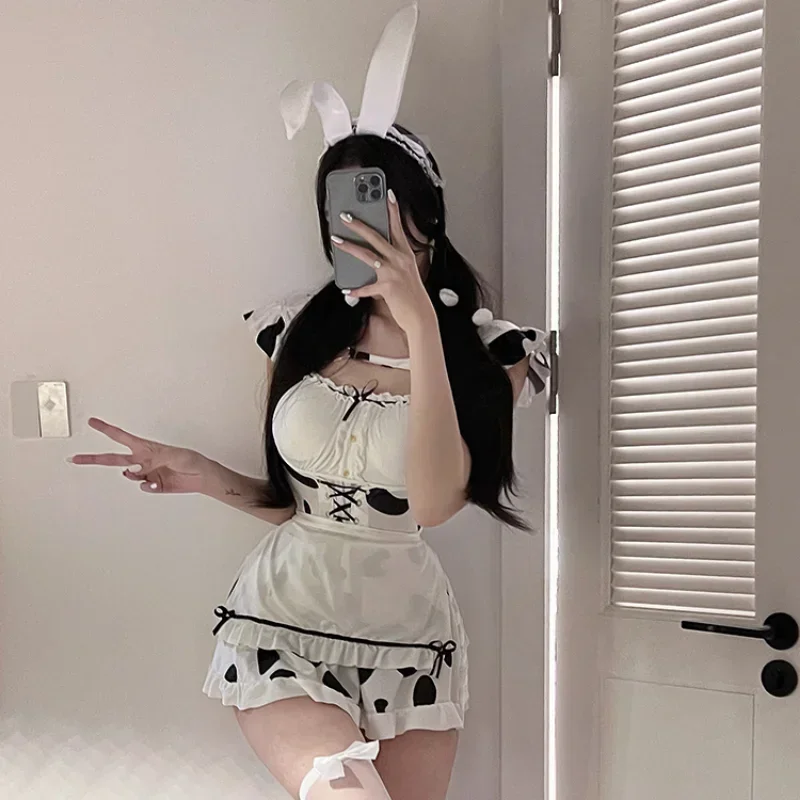 Japanese Anime Bunny Halloween Cosplay Costmes Black White Cartoon Lolita Cow Role Play Love Live Cosplay Lingerie Party Dress