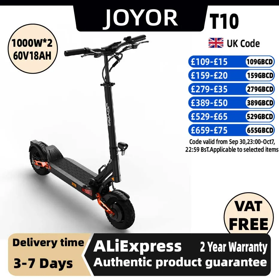 JOYOR T10 adulte pliable Escooter 1000W * 2 Scooter électrique 60V18AH batterie 10 pouces tout-terrain pneu e-mountain Scooter