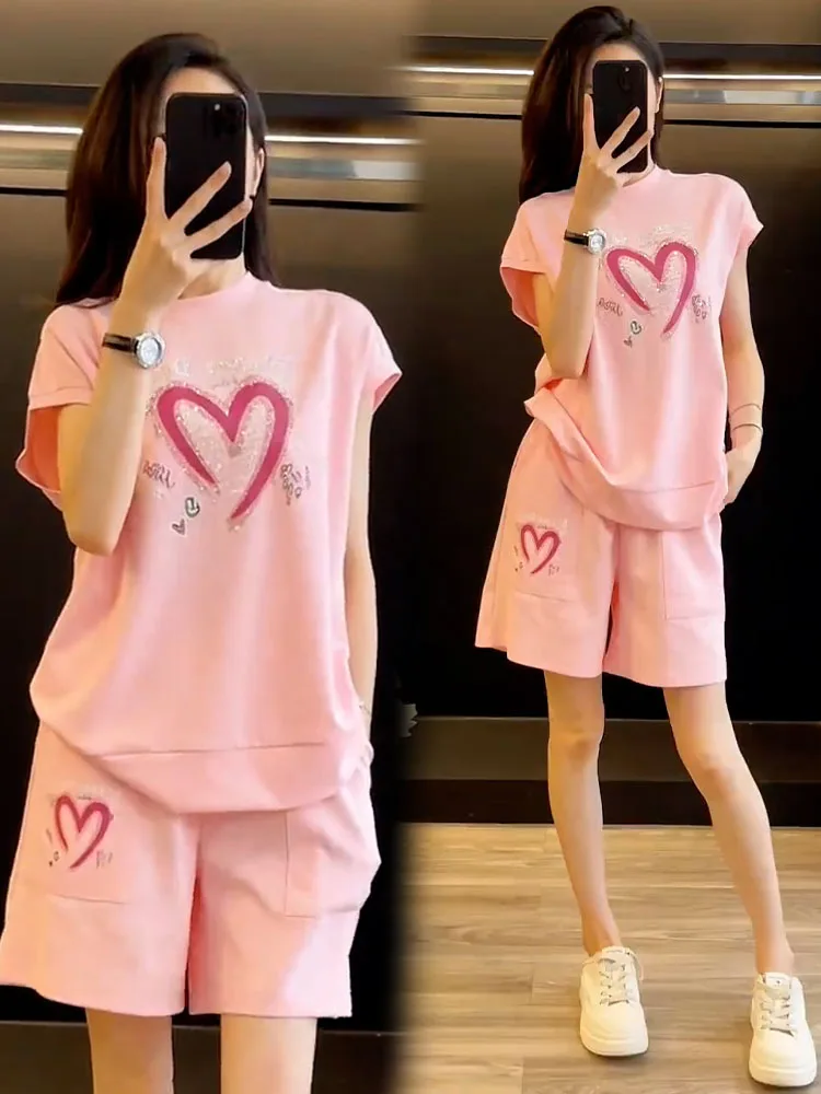

Summer new western-style casual sports suit women's pink loose slimming short sleeved top shorts pants two-piece set