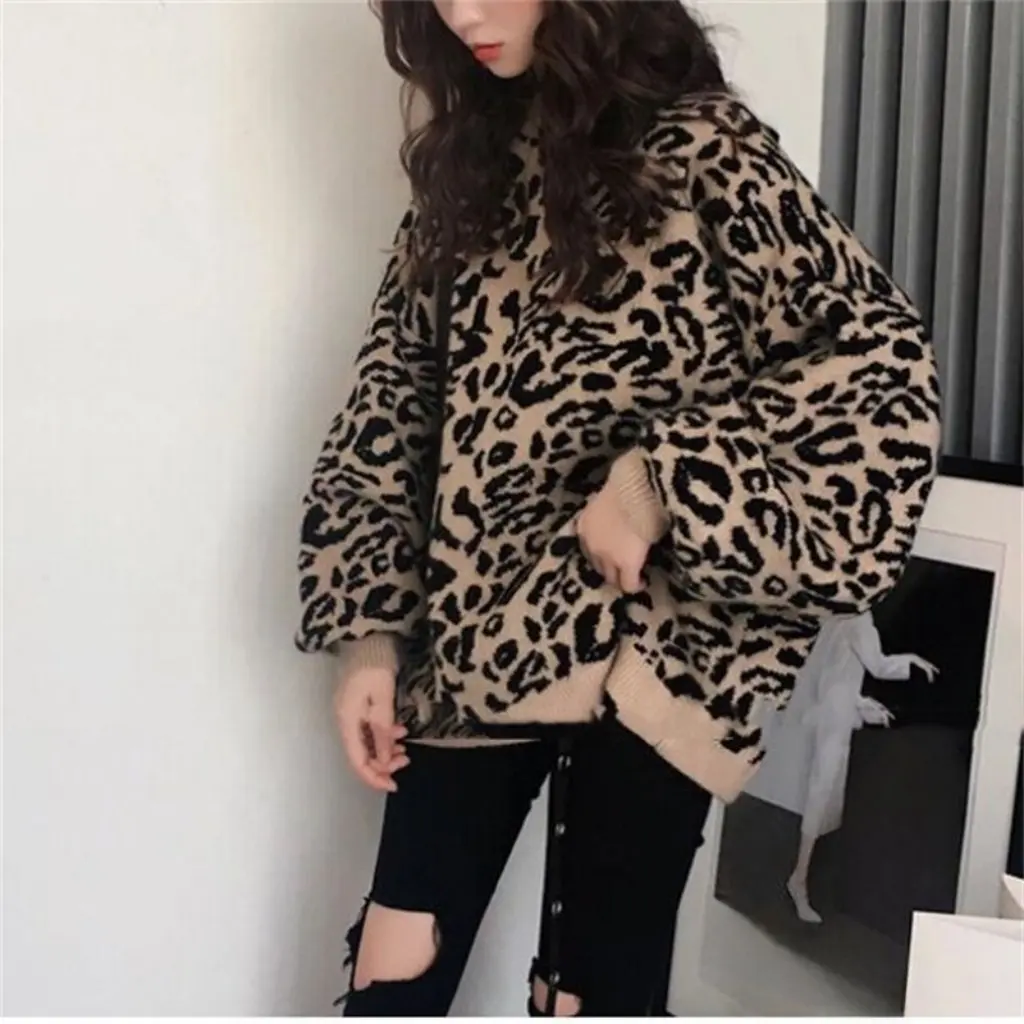 

Leopard Print Women's Sweater round Neck Long-Sleeved Knitted Knitwear Retro Style Loose Fit for Autumn Winter