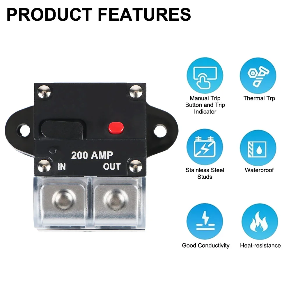 Car Boat Audio Manual Power Protect Fuse 12v-48v DC Circuit Breaker Reset Fuse Solar Fuse Resettable Insurance 200A