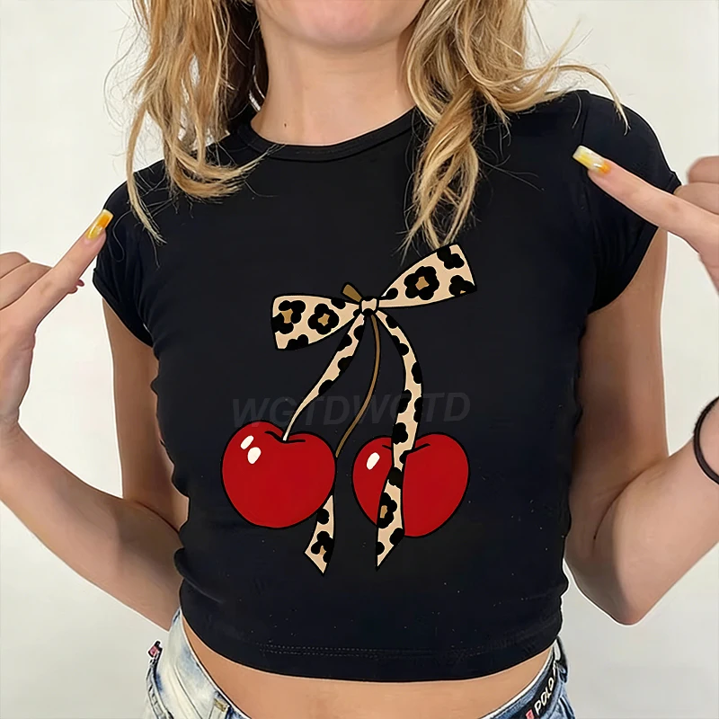 

Cropped Leopard Print Cherry Print T Shirt Women Y2K Short Sleeve Cherry Trend Crop Top Summer Crewneck Cotton Sexy Crop Top