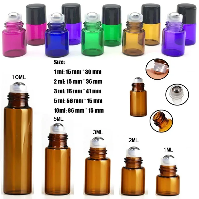 5Pcs Colored Roller Bottles 1ml 2ml 3ml 5ml 10ml Sample Test Roll Essential Oil Vials with Stainles Steel ball