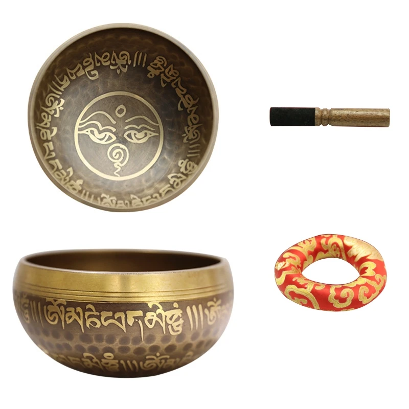 KX4B Juego cuencos budistas tibetanos Nepal, anillo con almohadilla, mazo, Cuencos Cantores meditación para