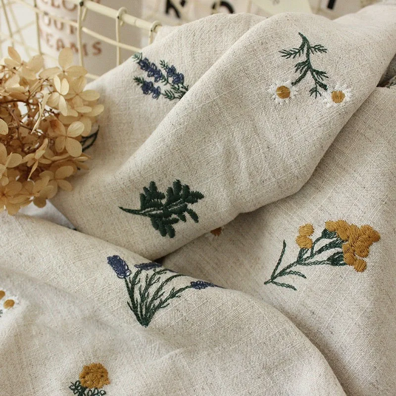 Tela Vintage de algodón y lino con bordado de flores, tela para ropa, bolso hecho a mano, mantel, cortinas, tela para ropa