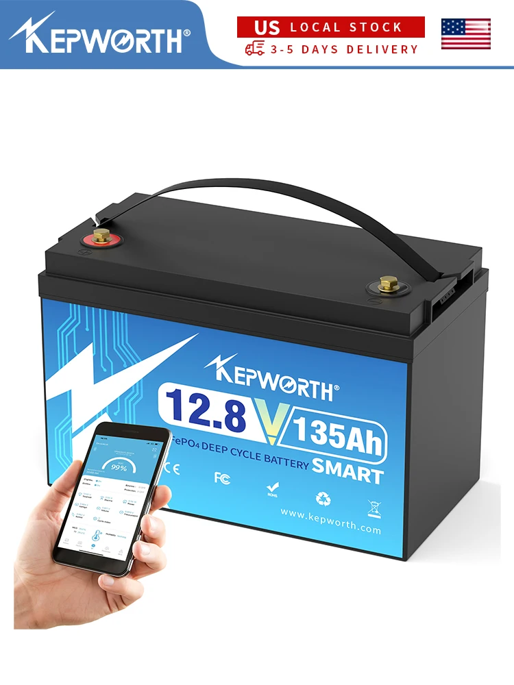 KEPWORTH 12V 135Ah LiFePO4-Batterie mit 100A Bluetooth-BMS und Niedertemperaturschutz für Wohnmobile, Solaranlagen und Boote