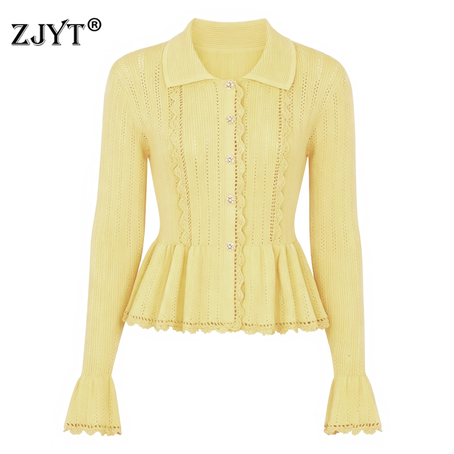 

ZJYT Fashion Women's Cardigan Sweaters Flare Sleeves Ruffles Knitted Tops Spring Autumn 2026 Female Jumper Yellow Jersey Mujer