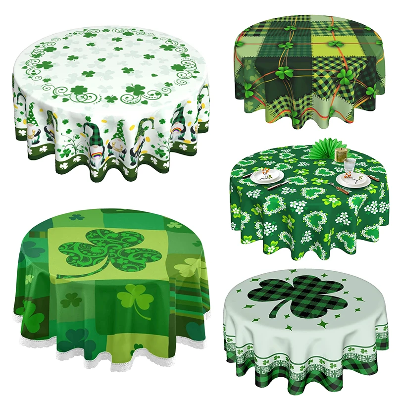 

St Patricks Day Tablecloth Round 60 Inch Shamrock Tablecloth Polyester Washable Green Irish Clover Coins Gnome Decor Table Cover