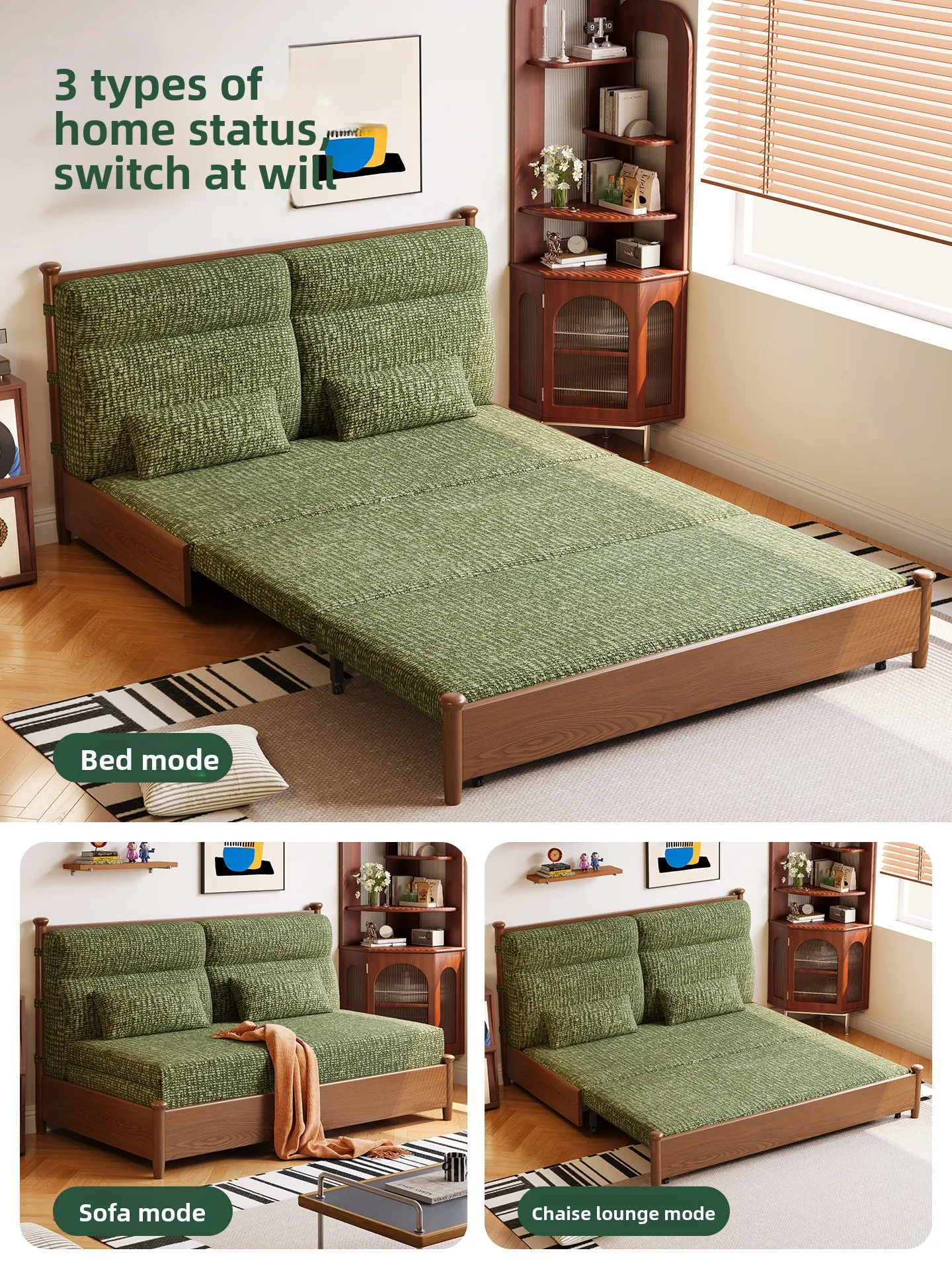 W9.7 - solid wood sofa bed, foldable & extendable, all-in-one design, perfect for small apartments, studies, and living rooms