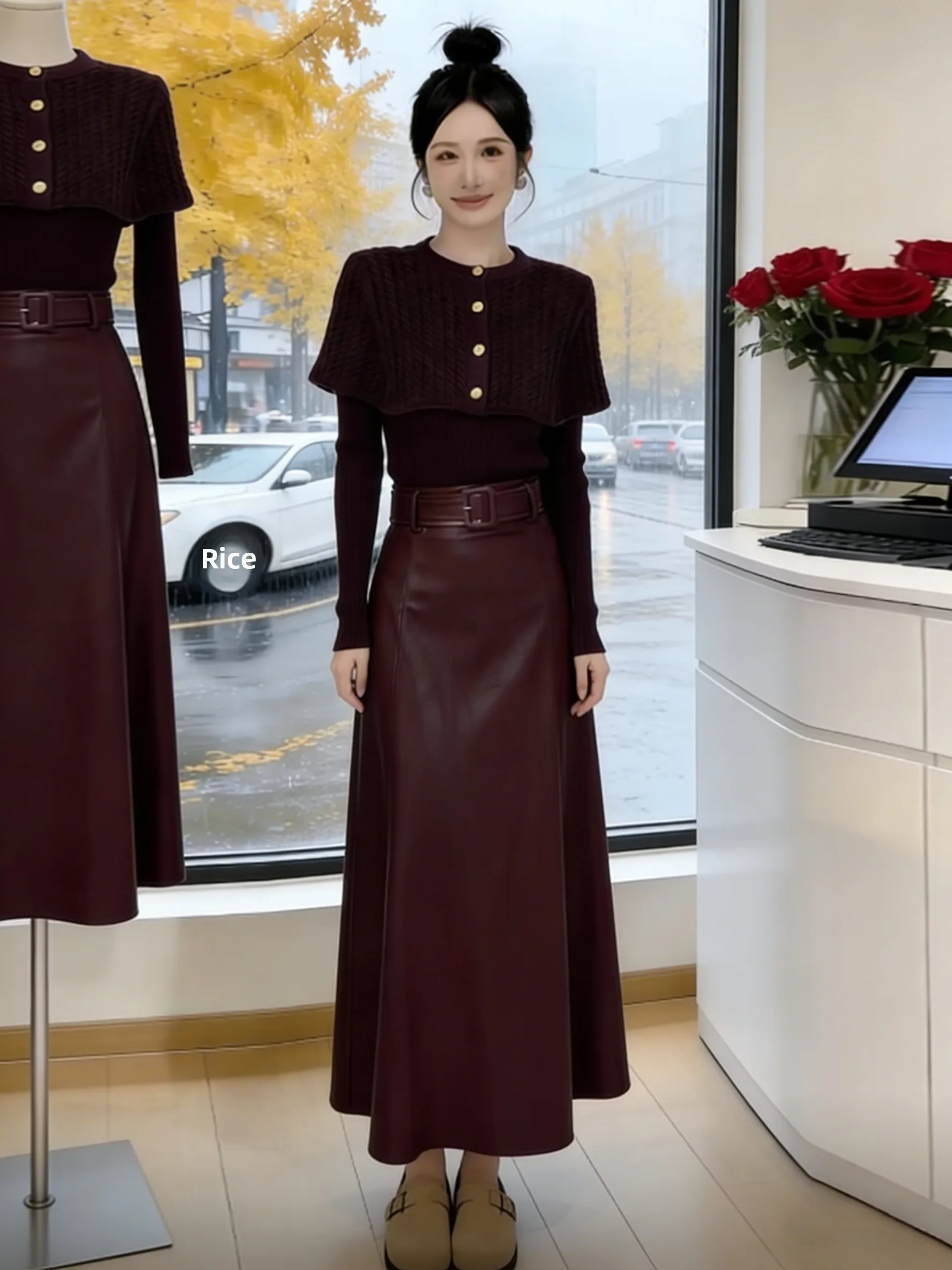 

Новый весенний комплект: свитер с воротником-стойкой и кожаная юбка с высокой талией для женщин