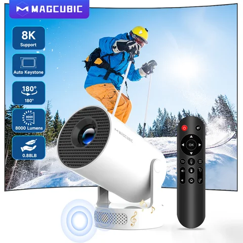 Magcubic 8K Projektör HY300Pro+ Ses Kontrollü Projektör Android 14 8000 Lümen Işık Yayını Wifi6 BT5.4 Dış Mekan 8K Projektör Taşınabilir Airmouse Eklenebilir