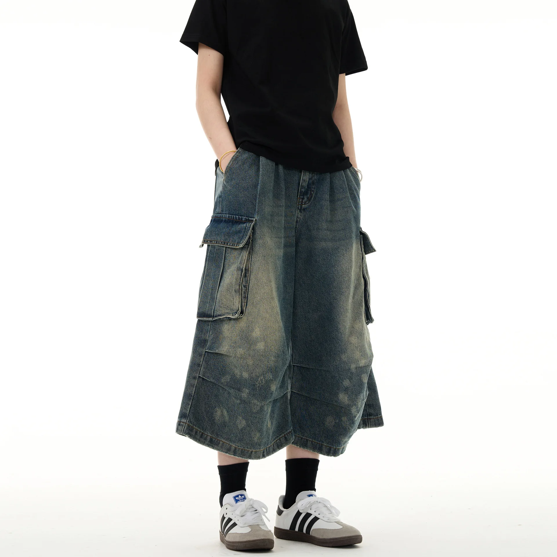 Retro Multi-pocket Washed Tooling Jeans Men's and Women's New Loose Straight Pleated Wide-leg Cropped Pants Trendy