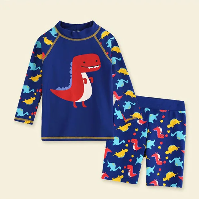 Summer Children's Two-piece Swimsuit Boys Long Sleeve Cute Cartoon Print Sunscreen Quick-Dry Beachwear Baby Surfing Swimwear