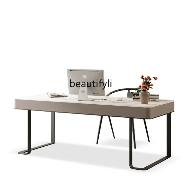 

Italian Minimalist Desk White Stone Plate Stainless Steel Desk Movable 1 M 2 High-End Straight-Row Combination furniture