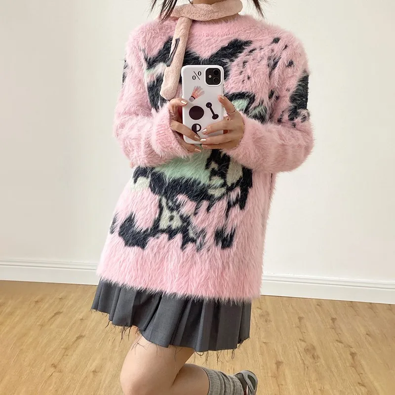 Karrram Japanese Y2k Pink Sweater Vintage Harajuku Knitted Pullover 2000s Aesthetic Kawaii Oversized Knitwear Mohair Cute Lolita