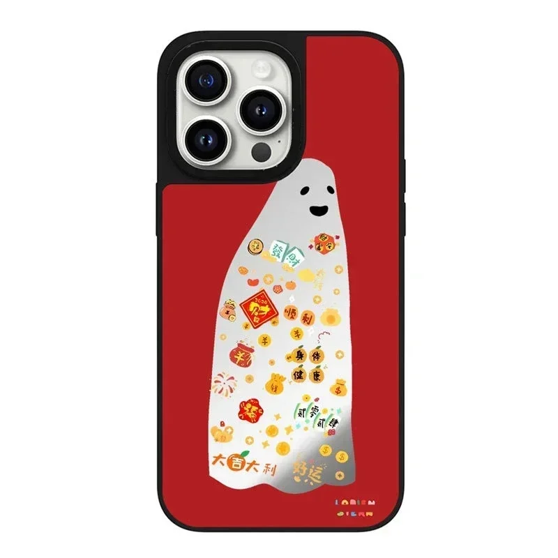 

Mirror Surface Ghost New Year Red Phone Case Cover for iPhone 11 12 13 14 15 Pro Max Case for iPhone 15 ProMax