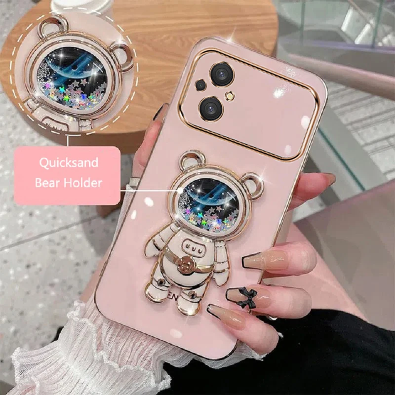 Cartoon Bear Fold Stand For Xiaomi Poco M4 5G M5 Phone Case Luxury Plating Cover