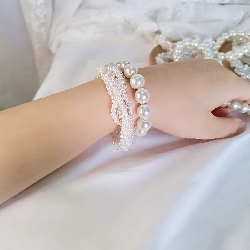 3164 Wholesale Elegant Princess Temperament Glass Crystal Plastic Pearl Hair Tie Girl Hair Rope Summer Beaded Bracelet Dual-use