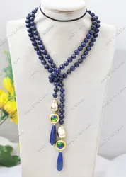 Z13262 39'' 28mm Blue Drop Round Lapis-Lazuli Gold-Plated Pearl Necklace Custom Jewelry