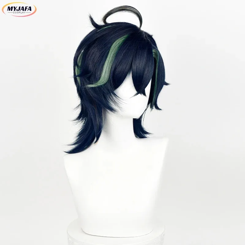 Peluca de Cosplay Kinich, pelo sintético corto trenzado resistente al calor con reflejos negros, verdes y dorados, pelucas de Anime para Halloween + gorro de peluca