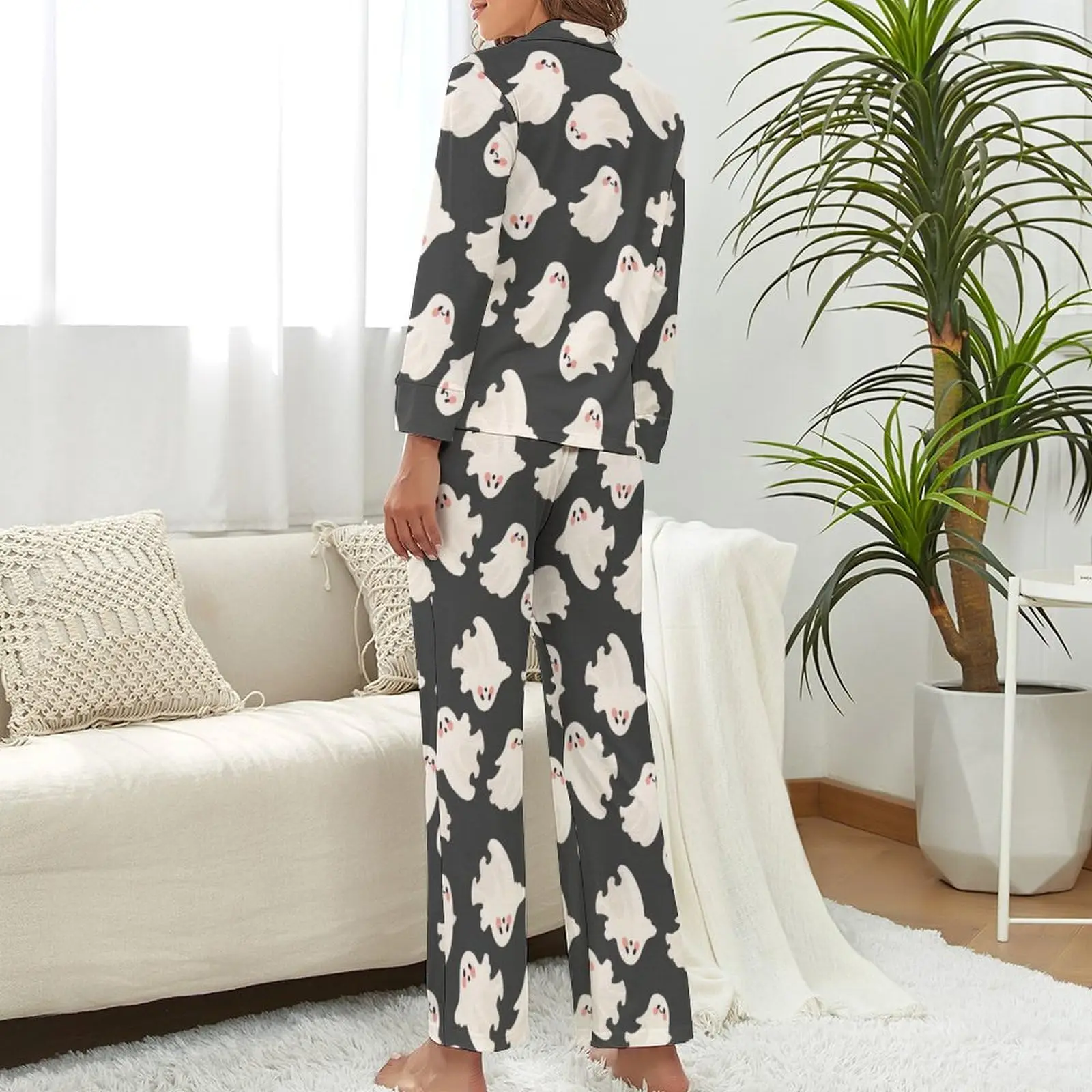 

Women's Two-pieces Halloween Cute Fashion Pajamas Sets Long-Sleeved Ghost Print Button Shirts + Pants Set Casual Home Wear