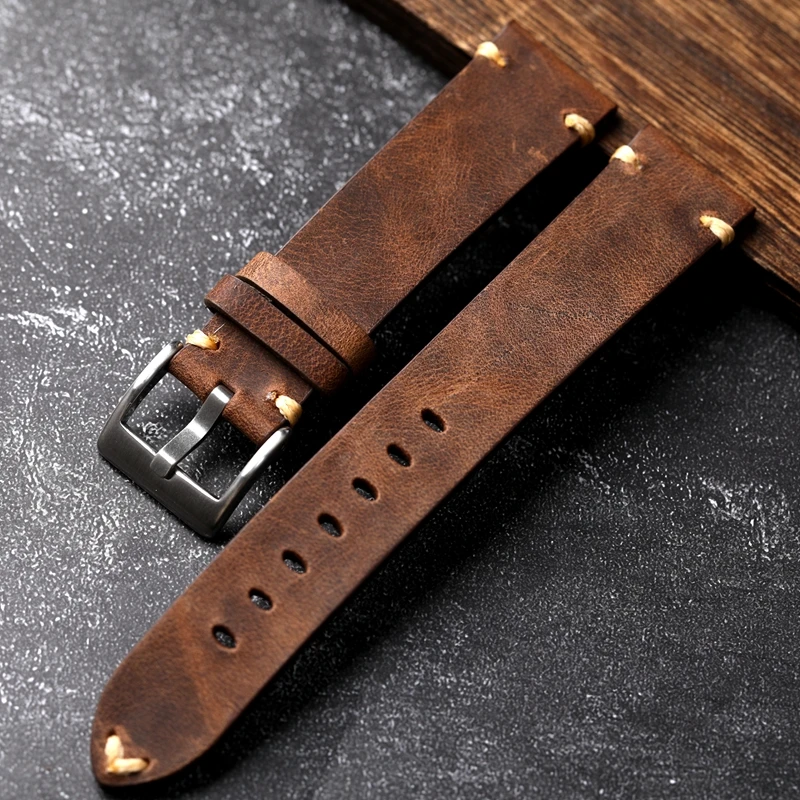 Handgefertigtes Echtleder-Uhrenarmband, altbraun, schwarz, 18, 20, 22 mm, weiches Herren-Vintage-Armband, erste Schicht Rindsleder-Armband