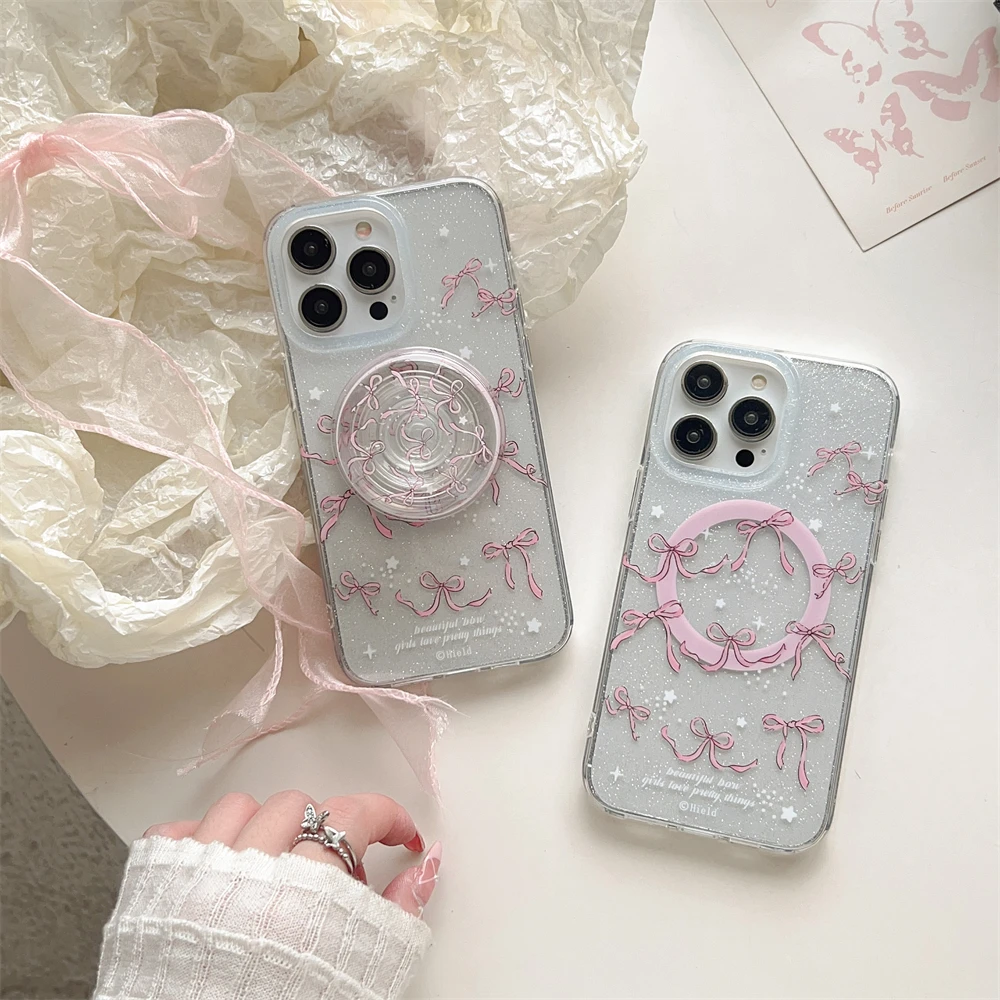 Étui de support de téléphone à paillettes motif nœud rose joli support de support étuis de mode iPhone 15 14 12 13 Pro Max 15Pro