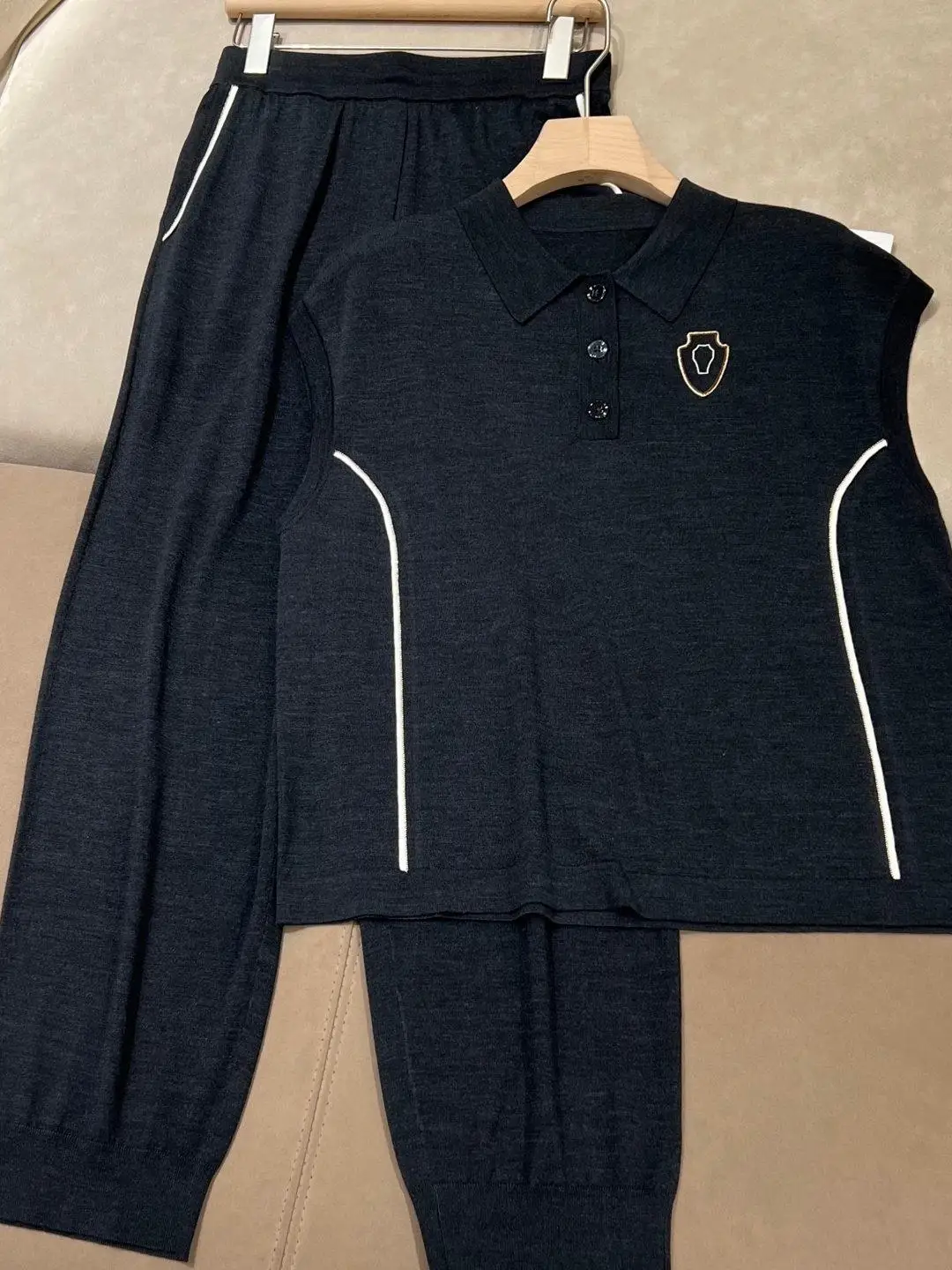 Summer high quality silk and merino wool jersey solid color trouser suit