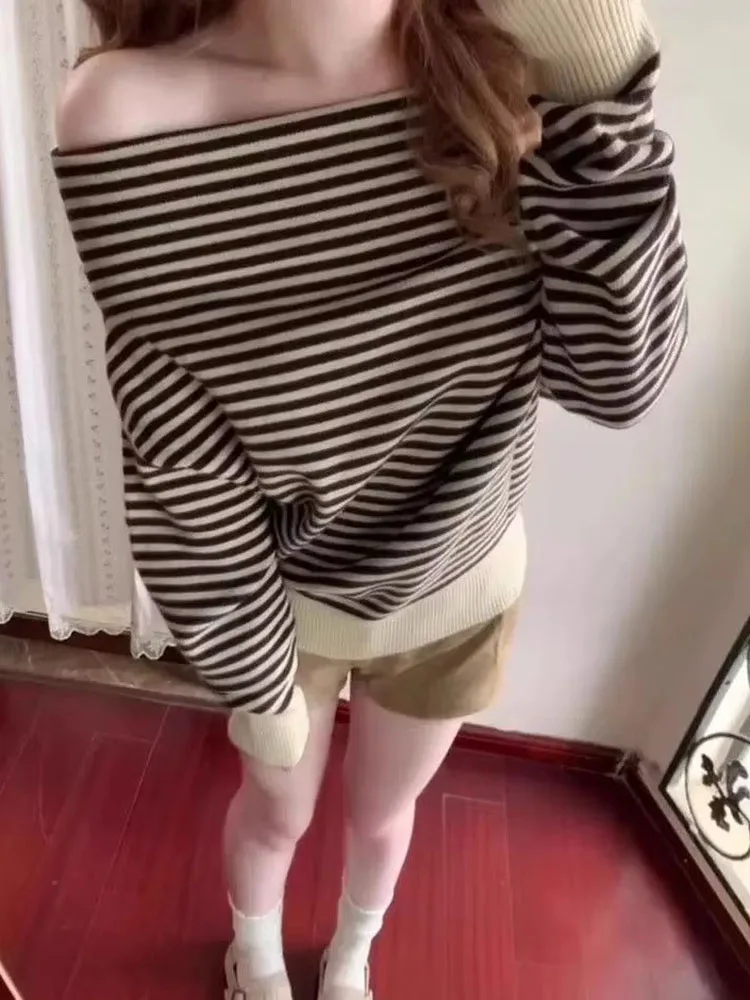 Women Knitted Sweater Striped Printed Loose Slash Neck Off Shoulder Vintage Pullover Autumn New Fashion Female Tops