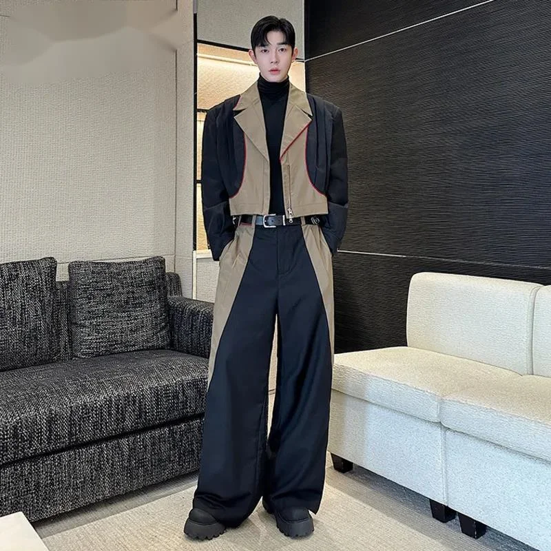Niche Design Men's Sets Lapel Zipper Patchwork Contrast Color Pleated Blazers Wide Leg Loose Male Suit Pants Fashion 9V8FY