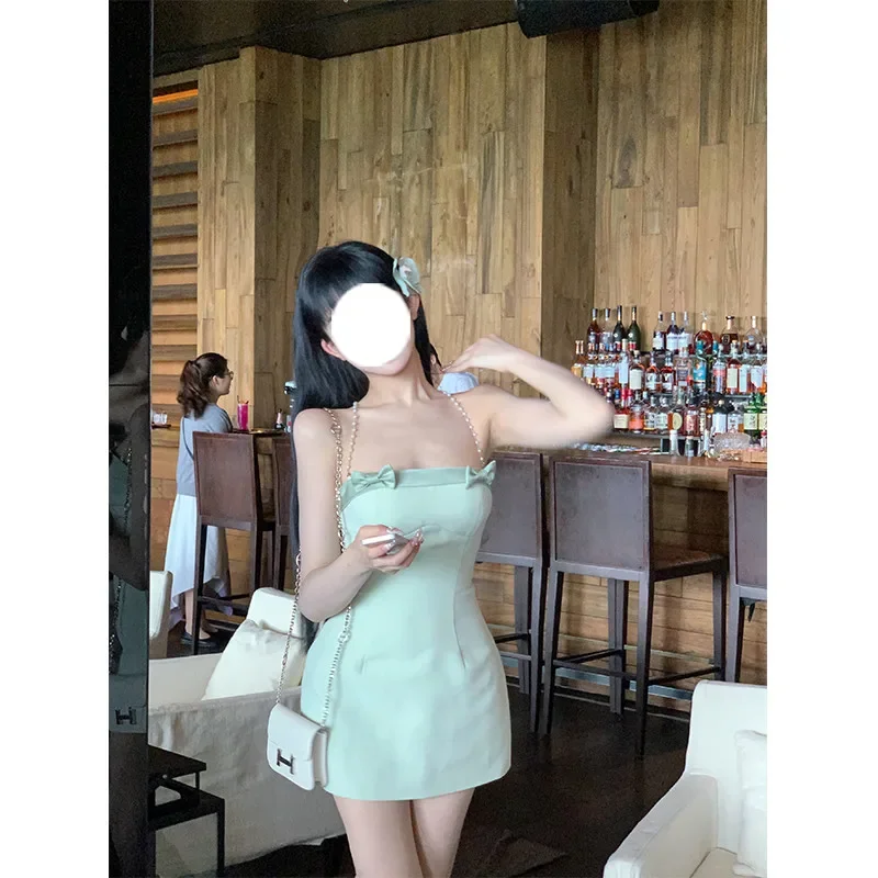 2024 Summer New Mint Green Mini Halter Sexy Dress Small Girl Pearl Straps Bow Super Hot Dress Backless Slim Pencil Party Dress