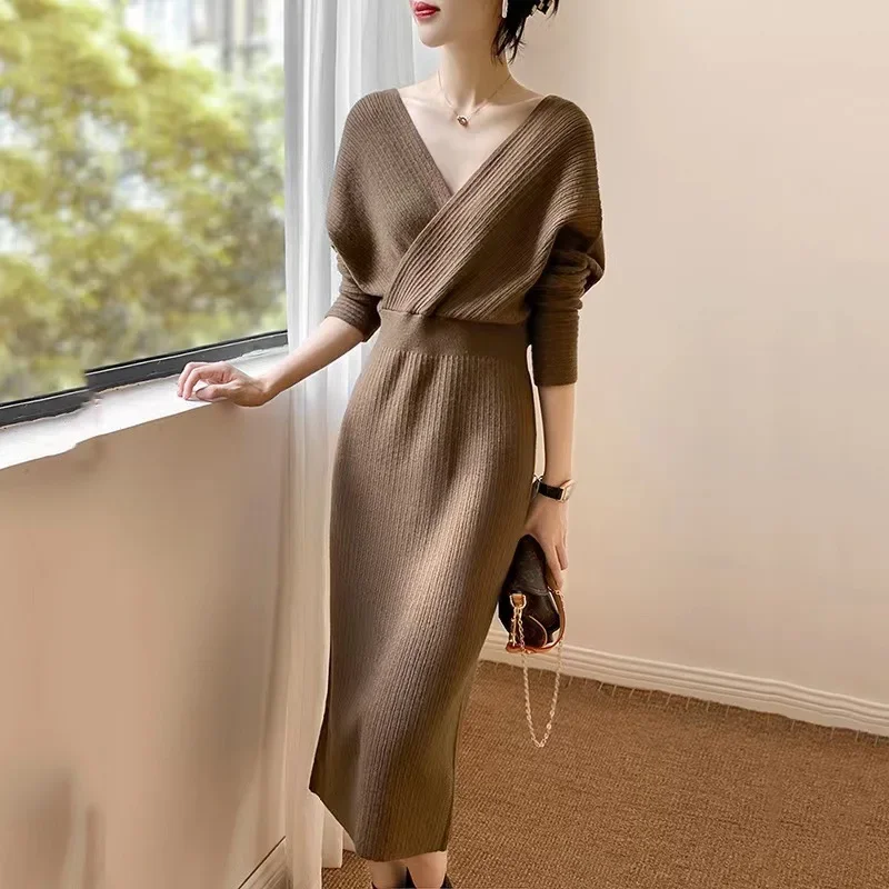 Knit Dress Women V Neck Crisscross Elastic Waist Wrap Hip Dresses Slim Fit Full Sleeve Thick Vestidos Elegant Autumn 2024