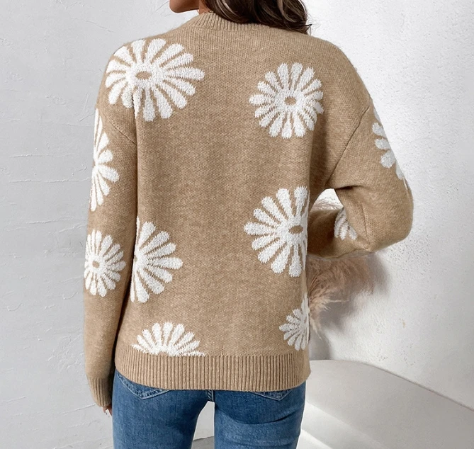 Pull en tricot à fleurs pour femmes, pull décontracté