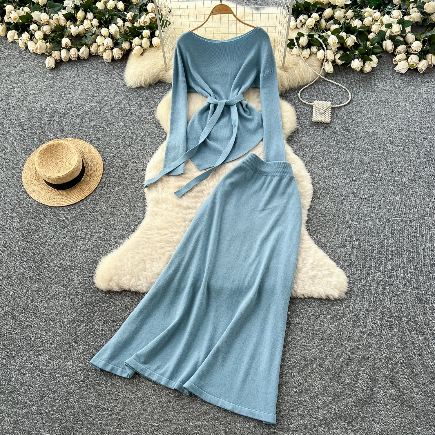

Sexy chic Knit sashes asymmetrical long sleeve A-line dress Vintage Women High Street women clothing