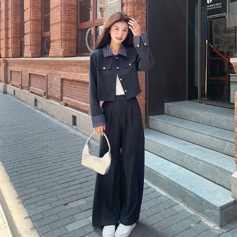 

Autumn new two-piece set women's fashion lapel collar plaid short jacket+straight leg wide leg pants commuting set