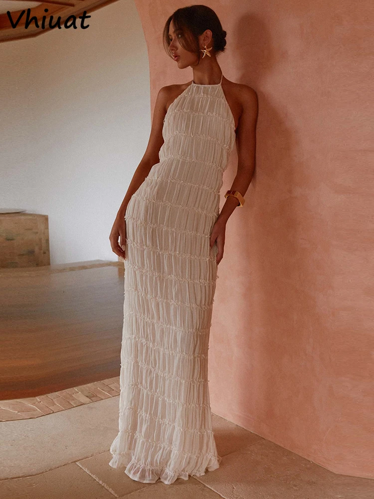 

Vhiuat 2025 Summer New Sleeveless Halter Pleated Slim Long Dresses Beach Beach Holiday Elegant Backless Sexy Bandage Maxi Dress