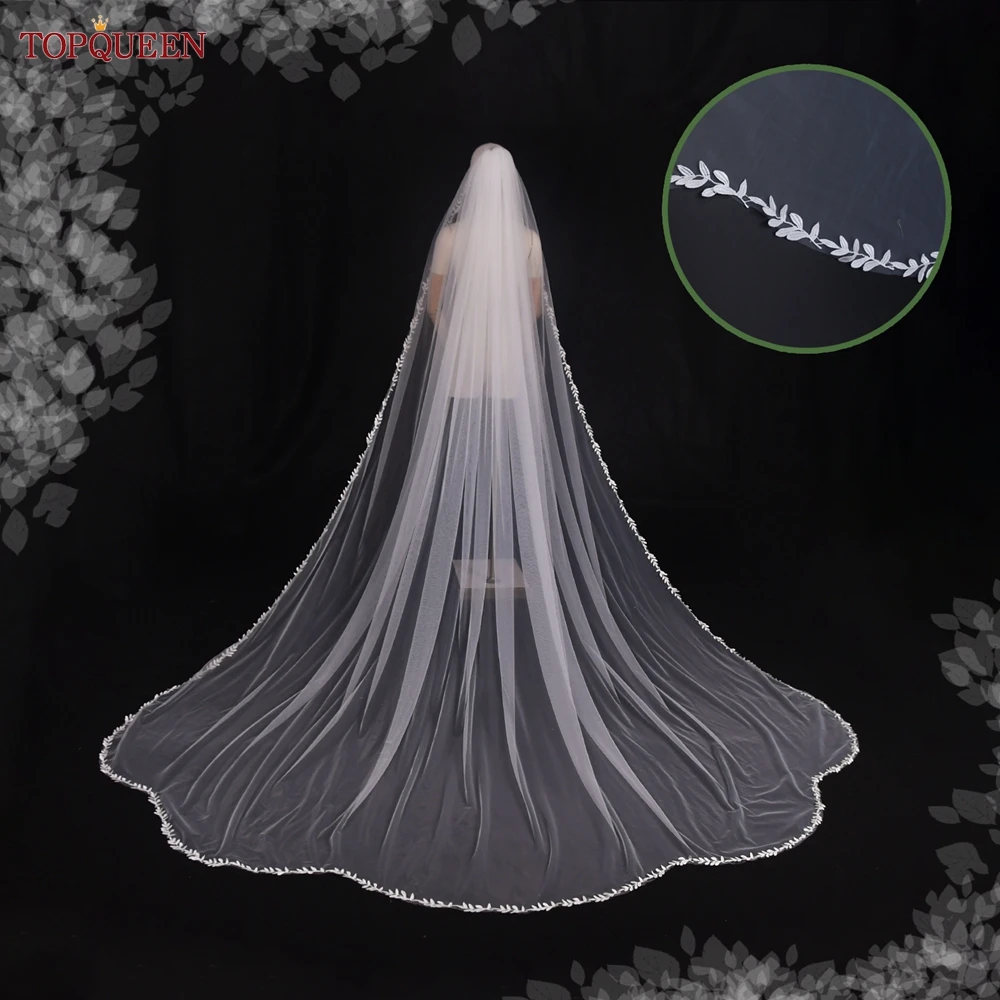 TOPQUEEN V142 Long Wedding Veil Chapel Bridal Veils Thin Scallop Lace Trim Wedding Accessories for Bride Floral French