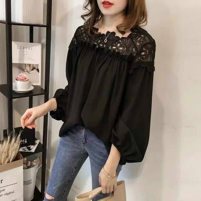 Hollow Lace Long Sleeve Elegant Temperament Women\'s Chiffon Shirt Spring Autumn New Spliced Blouse Loose Slimming Top for Women