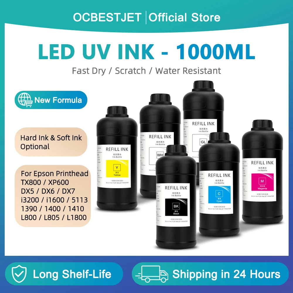 

1000ML UV Ink For TX800 XP600 DX5 DX6 DX7 i3200 i1600 5113 4720 1390 1400 1410 L800 L805 L1800 Hard & Soft Ink LED UV Ink