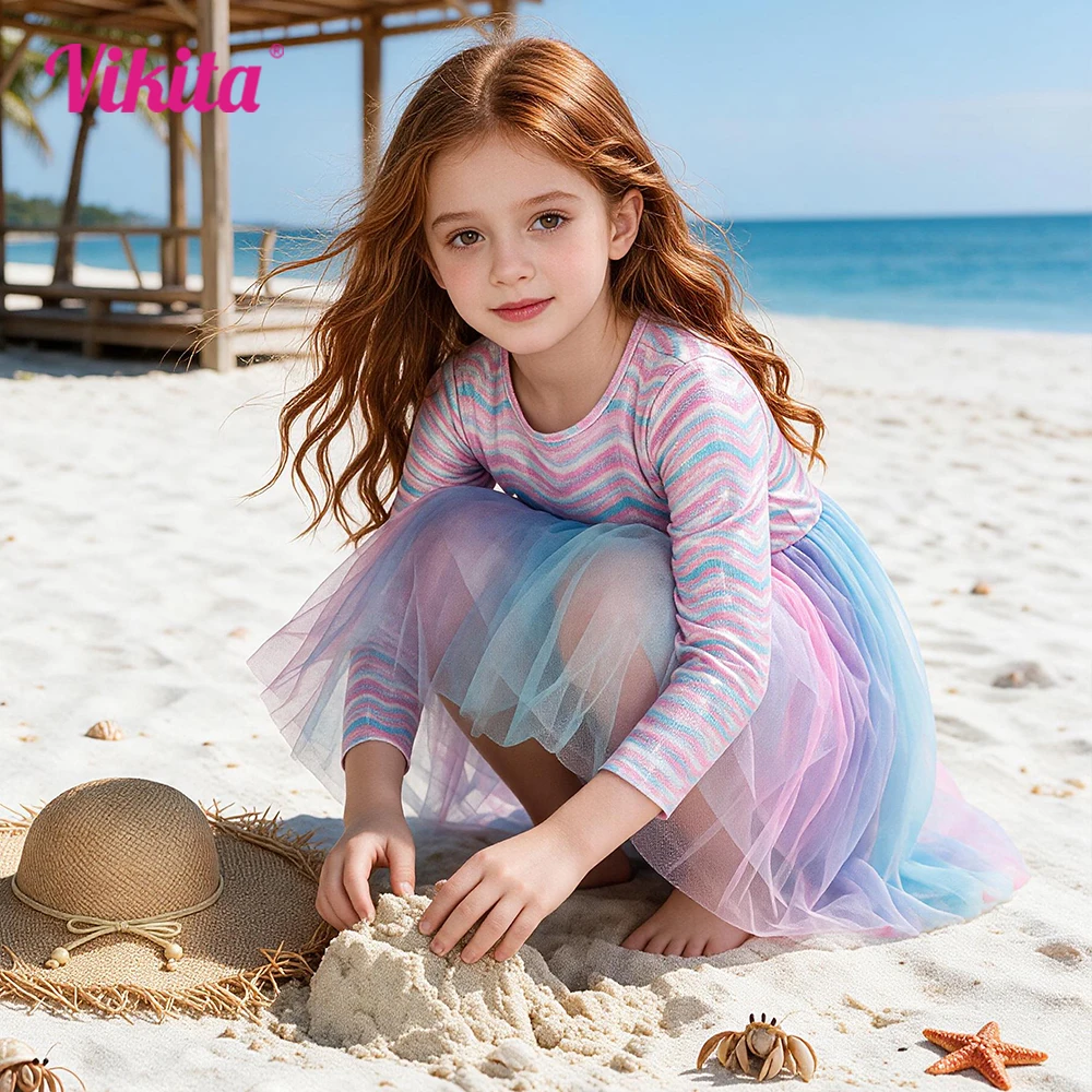VIKITA Girls Long Sleeve Dress Soft Shimmer Wave Print Pastel Fluffy Tiered Tulle Party Casual Outfits Kids Elf Princess Clothes