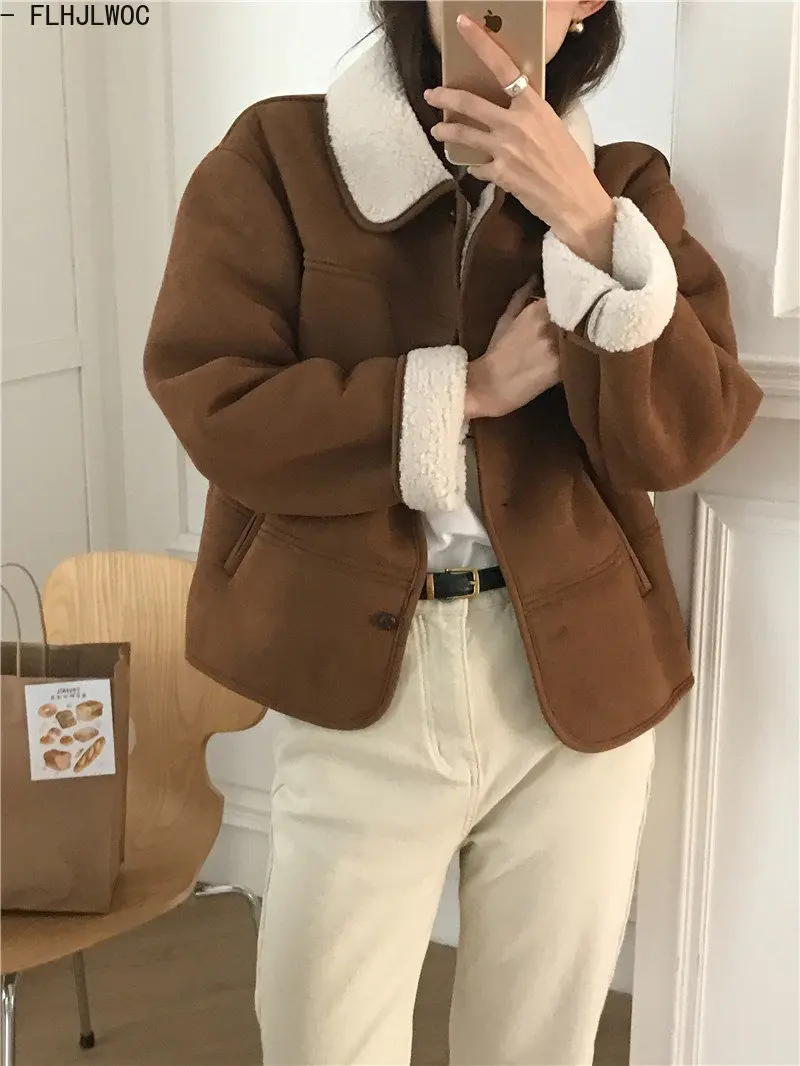 Winter Vintage Short Coats Outerwear Women Japan Preppy Style Girls Korea Single Breasted Button Warm Wool Velvet Thick Jackets