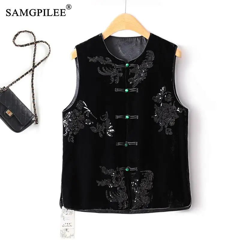 

Sleeveless Jacket Women 2023 Autumn Light Luxury Embroidered Sequin Buckle Cardigan Gold Velvet Drape Embroidered O Neck Vests