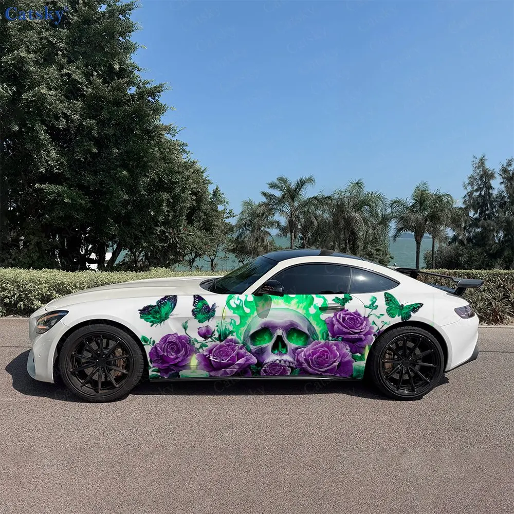 

2pcs Dark Skull Rose Spirit Realm, Durable, Fade-resistant, Enhance Vehicle Aesthetics With Bold Artistic Design Car Vinyl Wraps
