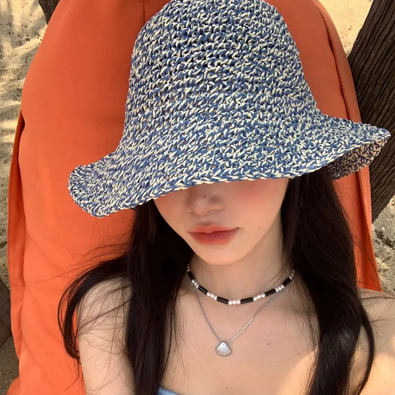 

Korean Mixed Color Foldable Straw Hat Women Summer Seaside Beach Foldable Bucket Hats Outdoor Fashion Hand-woven Sun Cap